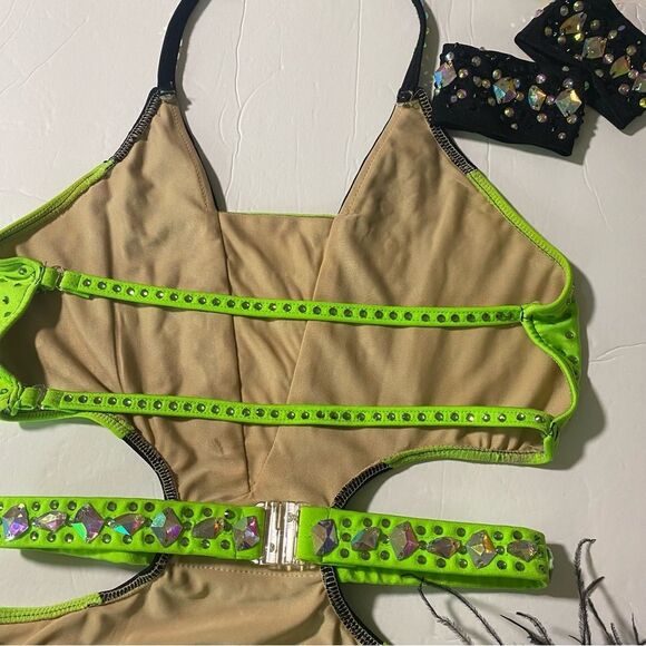 Glamour solo dance costume neon green Feather rhinestone embellished leotard MA - Picture 4 of 13